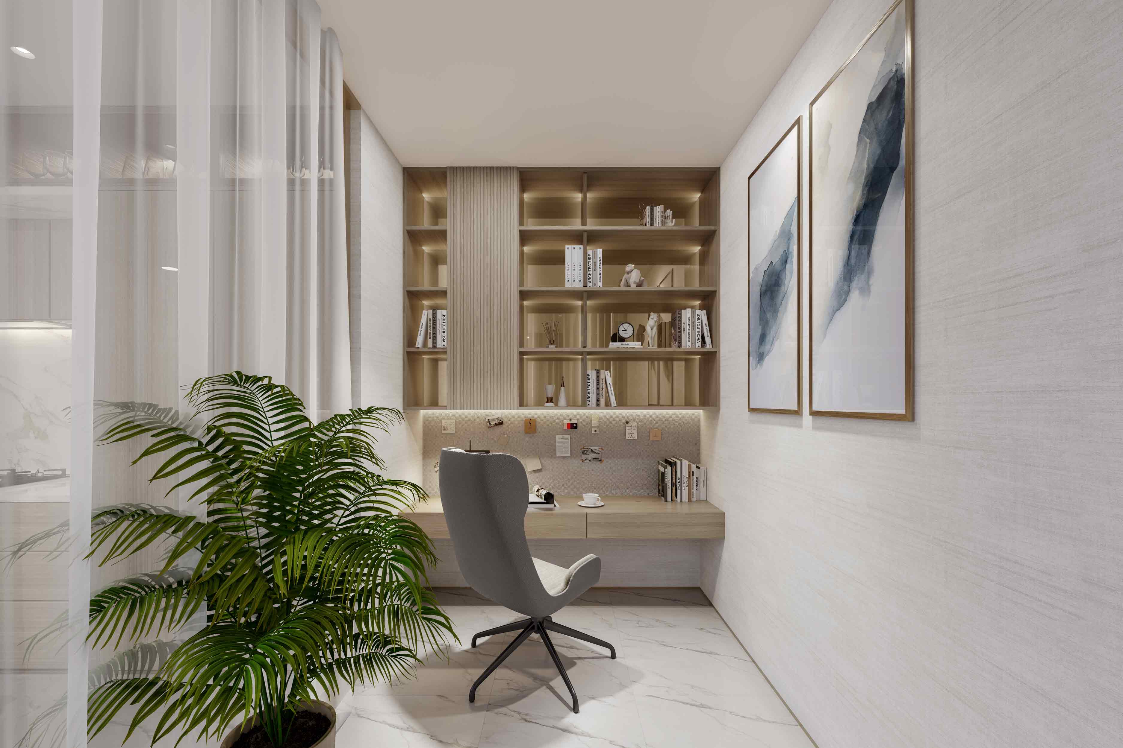 Sunset Bay Grand By Imtiaz A modern office space featuring a desk, ergonomic chair, bookshelf, decorative art, and a potted plant.